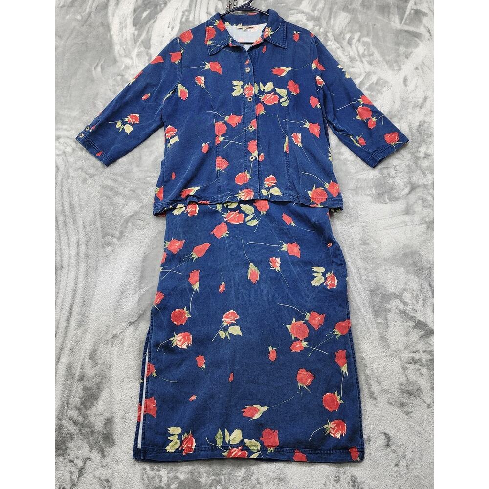 Vintage Cynthia Max Relax Jacket‎ Skirt Set Womens L/M Blue Red Floral Tencel